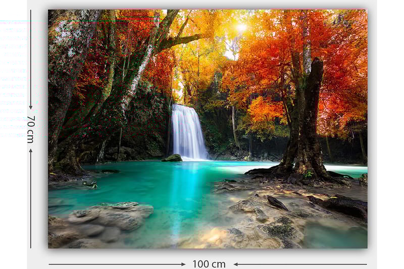 Lærred 70x100 cm - Smukt efterårsscene med et vandfald omgivet af farverige træer i orange og røde nuancer - Turkis / Orange / Rød - Boligtilbehør - Billeder & kunst - Billeder på lærred