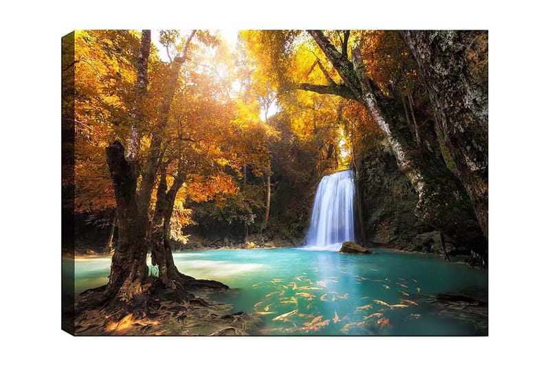 Lærred 70x100 cm - Smukt efterårsscene med et vandfald omgivet af farverige træer og klart vand, Gyldenorange / Turkis / Brun