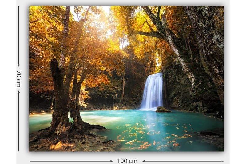 Lærred 70x100 cm - Smukt efterårsscene med et vandfald omgivet af farverige træer og klart vand - Gyldenorange / Turkis / Brun - Boligtilbehør - Billeder & kunst - Billeder på lærred