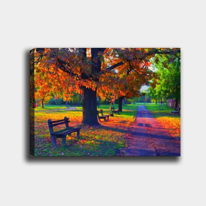 Lærred 70x100 cm - Smukt efterårsscene med farverige træer og bænke i en park, Orange / Grøn / Brun