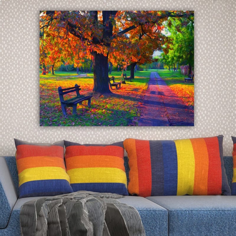 Lærred 70x100 cm - Smukt efterårsscene med farverige træer og bænke i en park - Orange / Grøn / Brun - Boligtilbehør - Billeder & kunst - Billeder på lærred