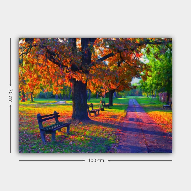 Lærred 70x100 cm - Smukt efterårsscene med farverige træer og bænke i en park - Orange / Grøn / Brun - Boligtilbehør - Billeder & kunst - Billeder på lærred