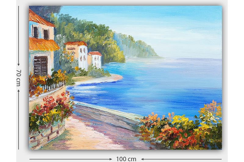 Lærred 70x100 cm - Smukt kystlandskab med hvide huse og blomstrende planter ved havet - Blå / Grøn / Orange - Boligtilbehør - Billeder & kunst - Billeder på lærred