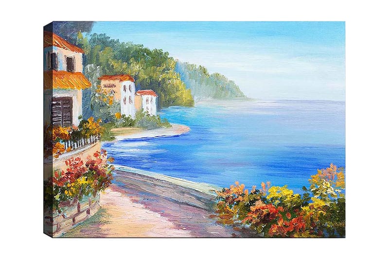 Lærred 70x100 cm - Smukt kystlandskab med hvide huse og blomstrende planter ved havet, Blå / Grøn / Orange