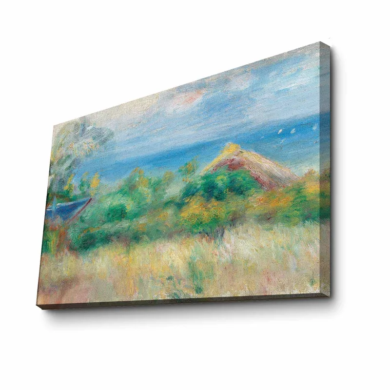 Lærred 70x100 cm - Smukt landskabsmaleri med blå himmel, hav og grønne marker - Blå / Grøn / Beige - Boligtilbehør - Billeder & kunst - Billeder på lærred