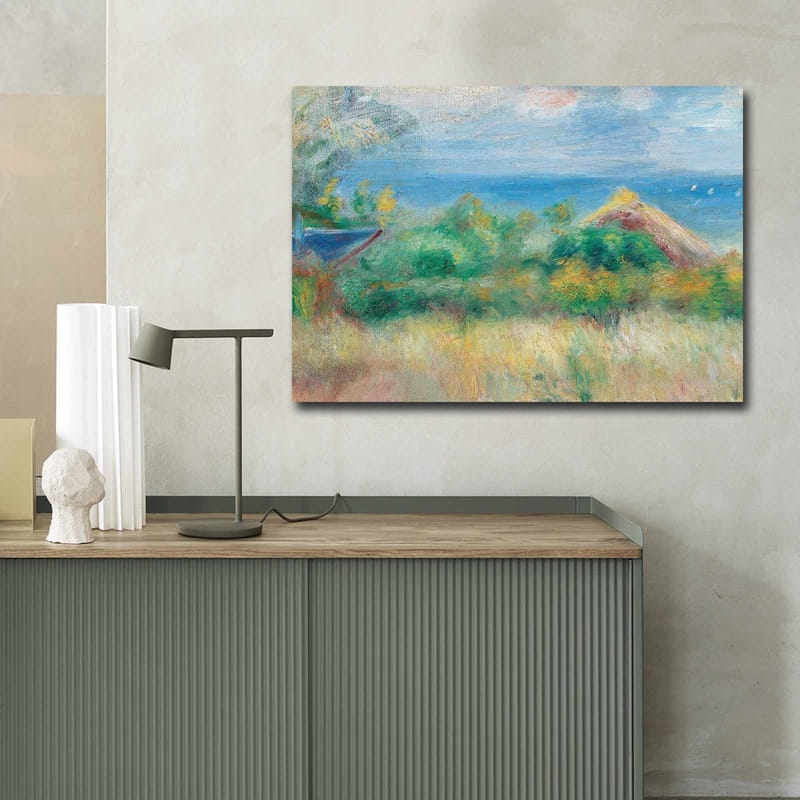 Lærred 70x100 cm - Smukt landskabsmaleri med blå himmel, hav og grønne marker - Blå / Grøn / Beige - Boligtilbehør - Billeder & kunst - Billeder på lærred