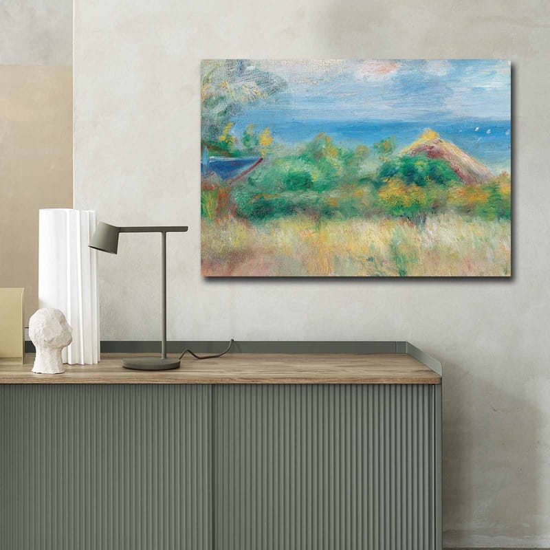 Lærred 70x100 cm - Smukt landskabsmaleri med blå himmel, hav og grønne marker - Blå / Grøn / Beige - Boligtilbehør - Billeder & kunst - Billeder på lærred