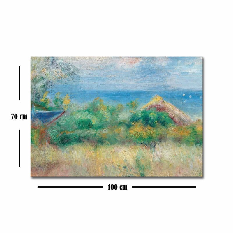 Lærred 70x100 cm - Smukt landskabsmaleri med blå himmel, hav og grønne marker - Blå / Grøn / Beige - Boligtilbehør - Billeder & kunst - Billeder på lærred