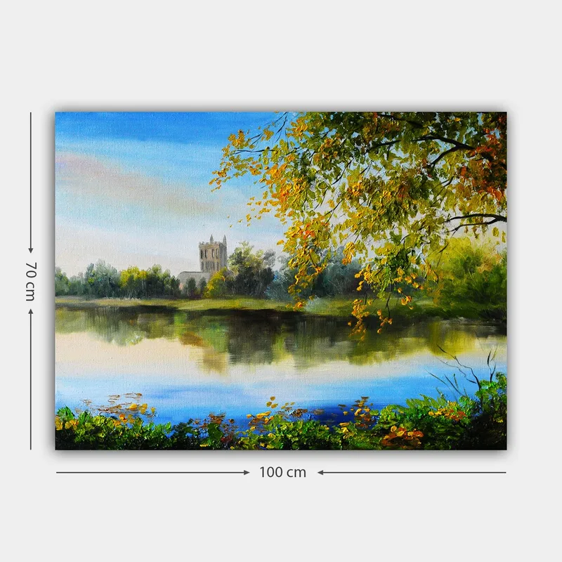 Lærred 70x100 cm - Smukt landskabsmaleri med en spejlblank sø og et gammelt tårn i baggrunden, omgivet af træer og efterårsfarver - Grøn / Blå / Gul - Boligtilbehør - Billeder & kunst - Billeder på lærred