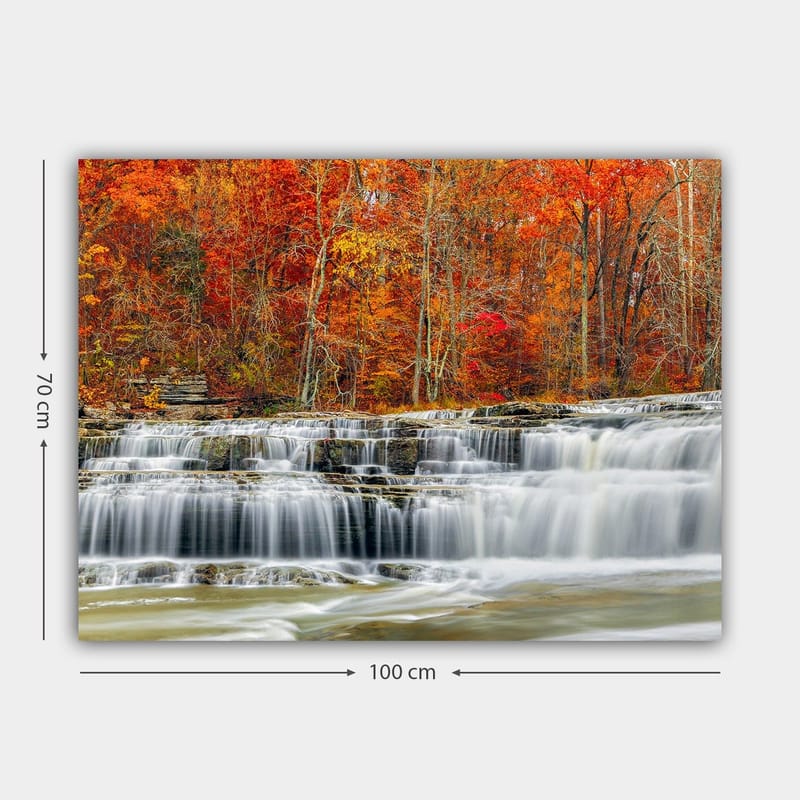 Lærred 70x100 cm - Smukt vandfald omgivet af efterårsfarver i røde og orange nuancer - Rød / Orange / Grå - Boligtilbehør - Billeder & kunst - Billeder på lærred