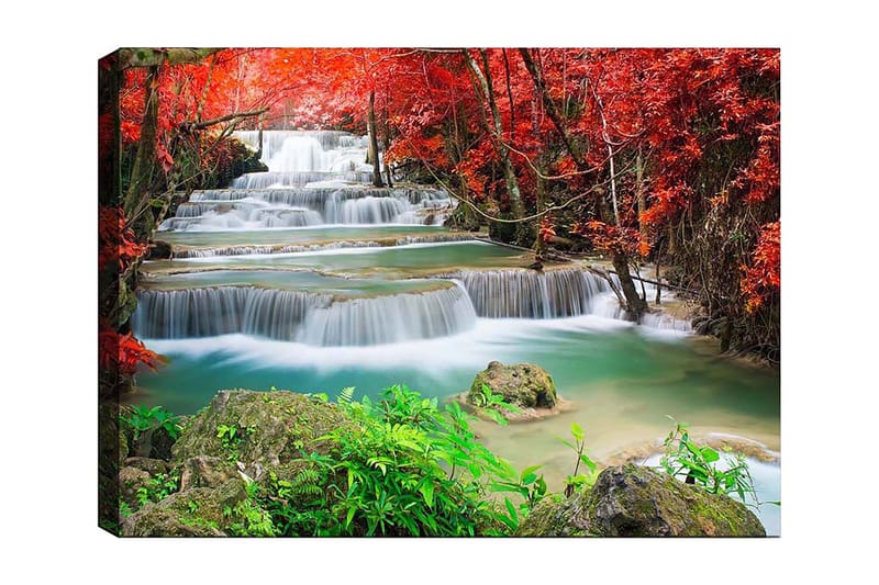 Lærred 70x100 cm - Smukt vandfald omgivet af farverige efterårsblade, Rød / Grøn / Blå