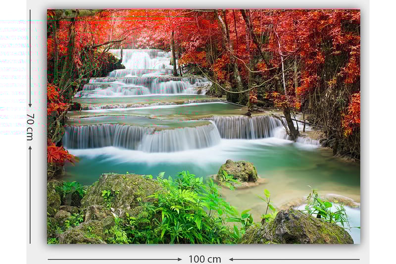 Lærred 70x100 cm - Smukt vandfald omgivet af farverige efterårsblade - Rød / Grøn / Blå - Boligtilbehør - Billeder & kunst - Billeder på lærred