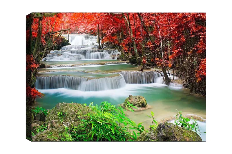 Lærred 70x100 cm - Smukt vandfald omgivet af farverige efterårsblade, Rød / Grøn / Blå