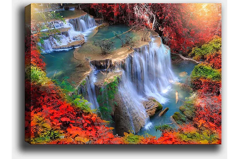 Lærred 70x100 cm - Smukt vandfald omgivet af farverige efterårsblade - Rød / Grøn / Blå - Boligtilbehør - Billeder & kunst - Billeder på lærred