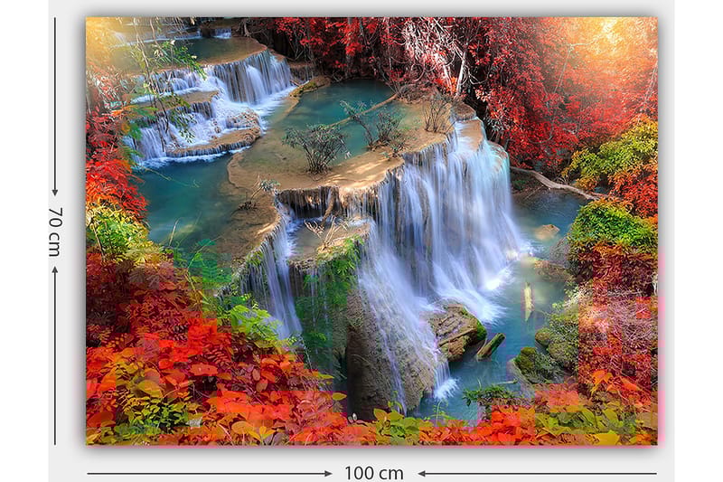 Lærred 70x100 cm - Smukt vandfald omgivet af farverige efterårsblade - Rød / Grøn / Blå - Boligtilbehør - Billeder & kunst - Billeder på lærred