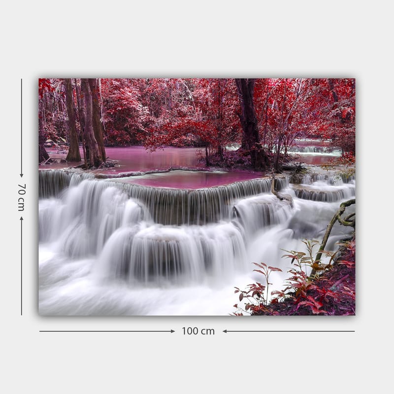 Lærred 70x100 cm - Smukt vandfald omgivet af farverige træer og vegetation - Rød / Lilla / Hvid - Boligtilbehør - Billeder & kunst - Billeder på lærred