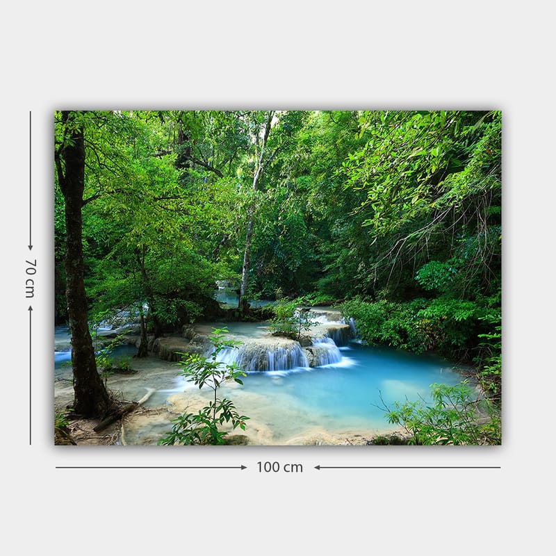 Lærred 70x100 cm - Smukt vandfald omgivet af frodigt grønt - Grøn / Blå / Beige - Boligtilbehør - Billeder & kunst - Billeder på lærred