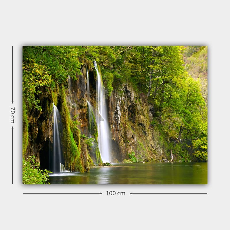 Lærred 70x100 cm - Smukt vandfald omgivet af frodigt grønt - Grøn / Brun / Hvid - Boligtilbehør - Billeder & kunst - Billeder på lærred