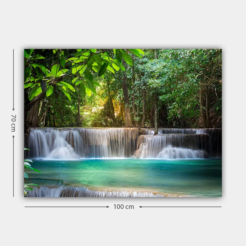 Lærred 70x100 cm - Smukt vandfald omgivet af frodigt grønt - Grøn / Turkis / Brun - Boligtilbehør - Billeder & kunst - Billeder på lærred