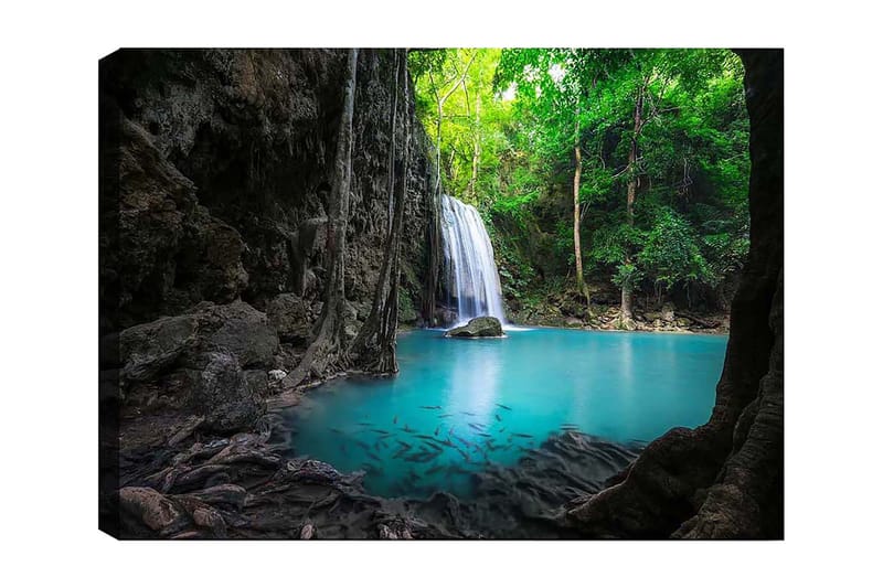 Lærred 70x100 cm - Smukt vandfald omgivet af frodigt grønt og klart turkisblåt vand, Turkis / Grøn / Grå