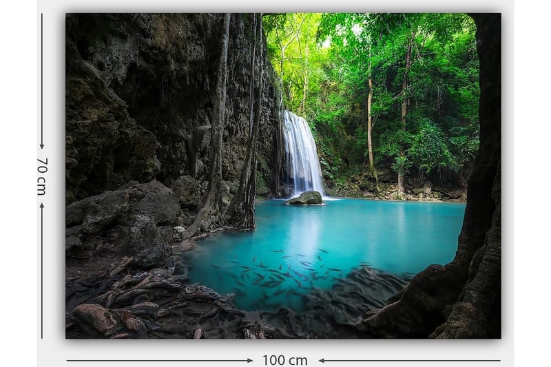 Lærred 70x100 cm - Smukt vandfald omgivet af frodigt grønt og klart turkisblåt vand - Turkis / Grøn / Grå - Boligtilbehør - Billeder & kunst - Billeder på lærred