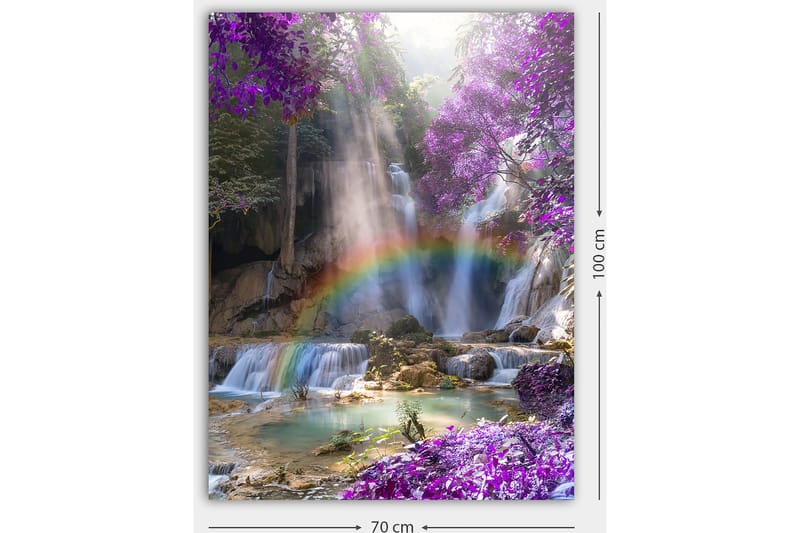 Lærred 70x100 cm - Smukt vandfald omgivet af lilla blomster og en regnbue - Lilla / Blå / Grøn - Boligtilbehør - Billeder & kunst - Billeder på lærred