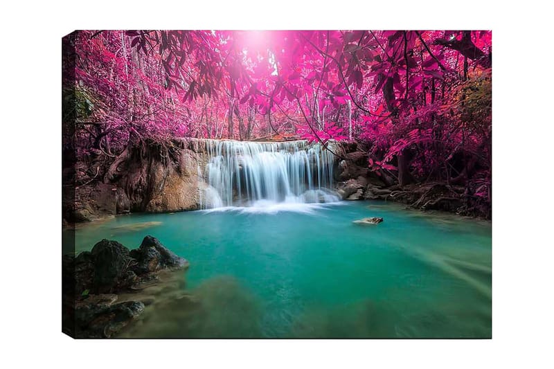 Lærred 70x100 cm - Smukt vandfald omgivet af lilla træer og frodig vegetation, Lilla / Turkis