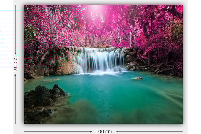 Lærred 70x100 cm - Smukt vandfald omgivet af lilla træer og frodig vegetation - Lilla / Turkis - Boligtilbehør - Billeder & kunst - Billeder på lærred