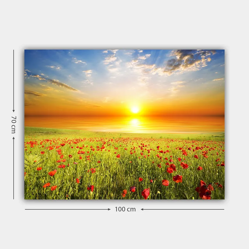 Lærred 70x100 cm - Solnedgang over en blomstrende mark med røde valmuer - Rød / Grøn / Orange - Boligtilbehør - Billeder & kunst - Billeder på lærred