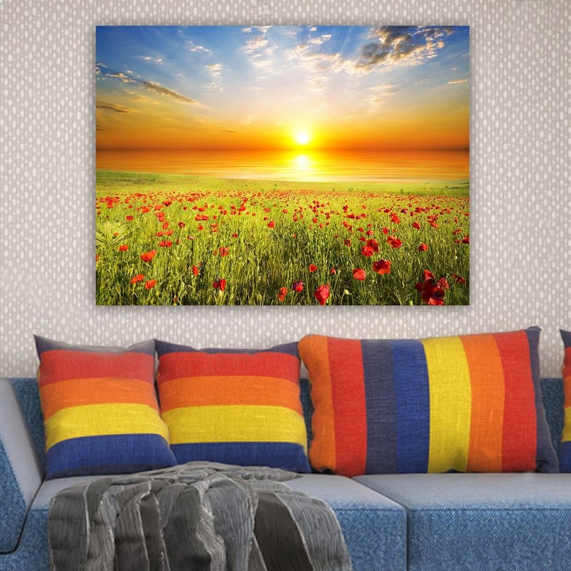 Lærred 70x100 cm - Solnedgang over en blomstrende mark med røde valmuer - Rød / Grøn / Orange - Boligtilbehør - Billeder & kunst - Billeder på lærred