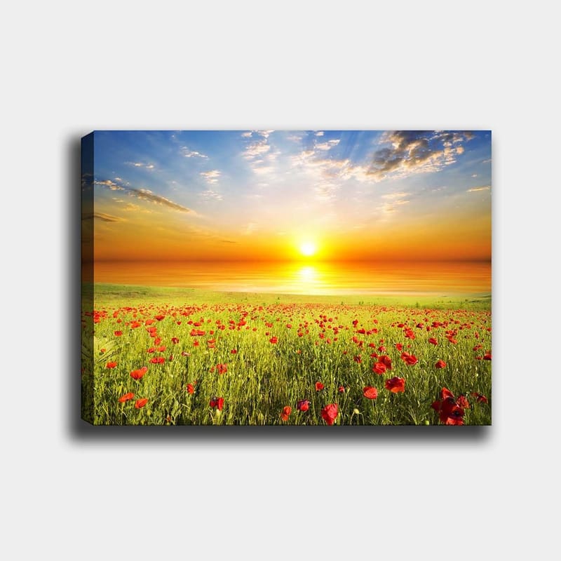 Lærred 70x100 cm - Solnedgang over en blomstrende mark med røde valmuer - Rød / Grøn / Orange - Boligtilbehør - Billeder & kunst - Billeder på lærred