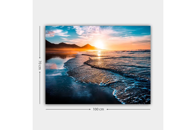 Lærred 70x100 cm - Solnedgang over en strand med blide bølger, der ruller ind mod kysten - Blå / Orange / Turkis - Boligtilbehør - Billeder & kunst - Billeder på lærred