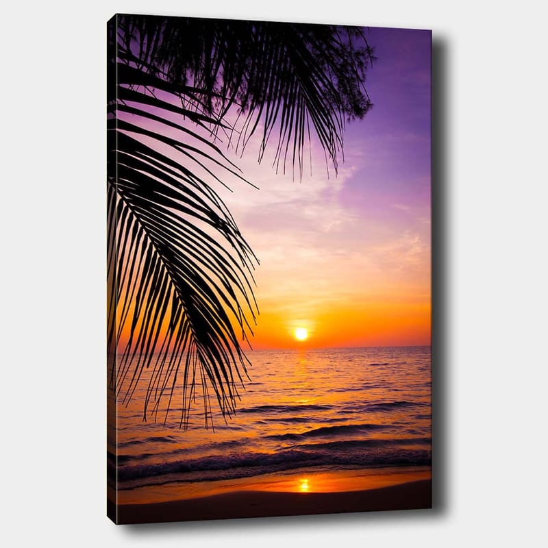 Lærred 70x100 cm - Solnedgang over havet med palmer i forgrunden, Lilla / Orange / Gul
