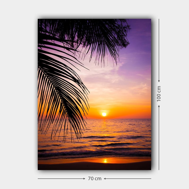 Lærred 70x100 cm - Solnedgang over havet med palmer i forgrunden - Lilla / Orange / Gul - Boligtilbehør - Billeder & kunst - Billeder på lærred