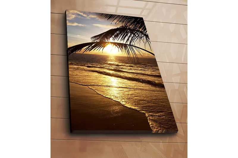 Lærred 70x100 cm - Solnedgang over havet med palmer i forgrunden - Guld / Orange / Brun - Boligtilbehør - Billeder & kunst - Billeder på lærred