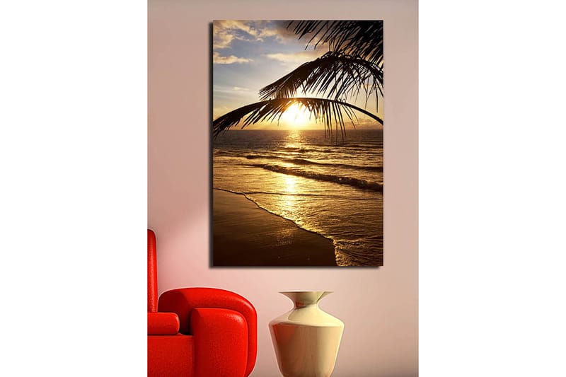 Lærred 70x100 cm - Solnedgang over havet med palmer i forgrunden - Guld / Orange / Brun - Boligtilbehør - Billeder & kunst - Billeder på lærred