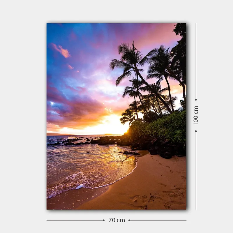 Lærred 70x100 cm - Solnedgang på stranden med palmer indrammet af farverige skyer - Lilla / Orange / Grøn - Boligtilbehør - Billeder & kunst - Billeder på lærred