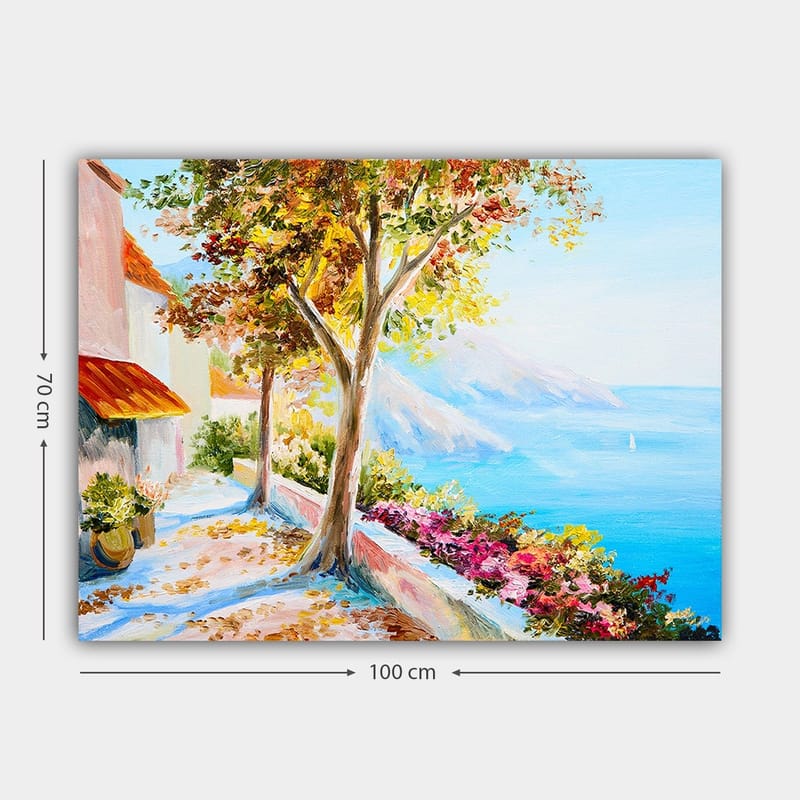Lærred 70x100 cm - Solrig kystpromenade med farverige træer og blomster, der fører ned til havet - Blå / Grøn / Orange - Boligtilbehør - Billeder & kunst - Billeder på lærred