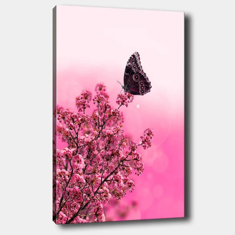 Lærred 70x100 cm - Sommerfugl siddende på en blomstrende gren med lyserøde blomster, Mørk pink / Lys pink / Sort