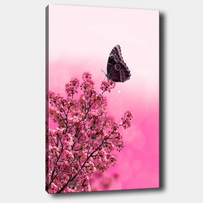 Lærred 70x100 cm - Sommerfugl siddende på en blomstrende gren med lyserøde blomster, Mørk pink / Lys pink / Sort