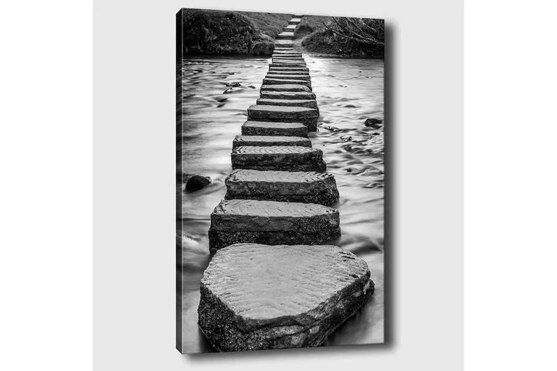 Lærred 70x100 cm - Sort-hvidt billede af sten, der danner en sti hen over vandoverfladen - Sort / Hvid / Grå - Boligtilbehør - Billeder & kunst - Billeder på lærred