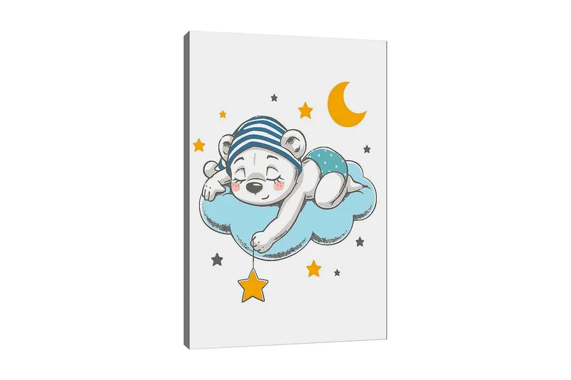 Lærred 70x100 cm - Sovende isbjørn liggende på en sky med stjerner og en måne omkring den, Blå / Gul / Sort