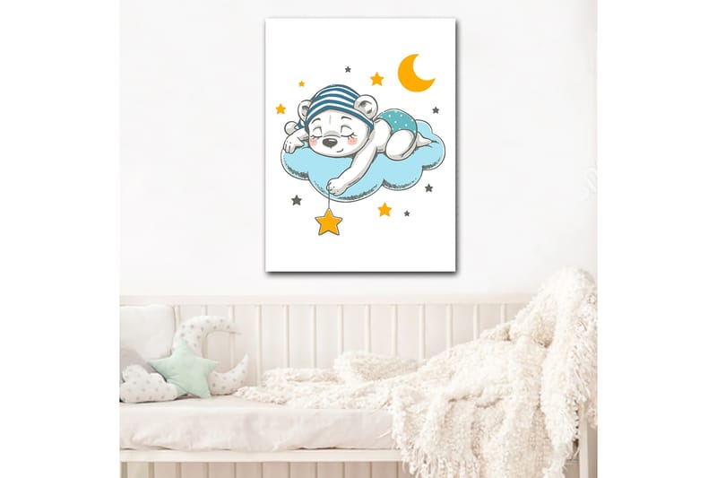 Lærred 70x100 cm - Sovende isbjørn liggende på en sky med stjerner og en måne omkring den - Blå / Gul / Sort - Boligtilbehør - Billeder & kunst - Billeder på lærred