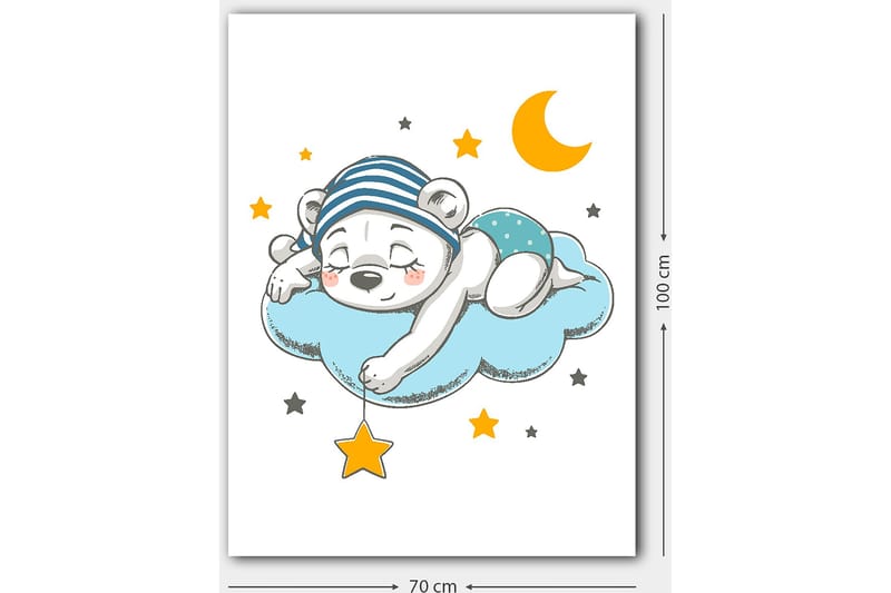 Lærred 70x100 cm - Sovende isbjørn liggende på en sky med stjerner og en måne omkring den - Blå / Gul / Sort - Boligtilbehør - Billeder & kunst - Billeder på lærred