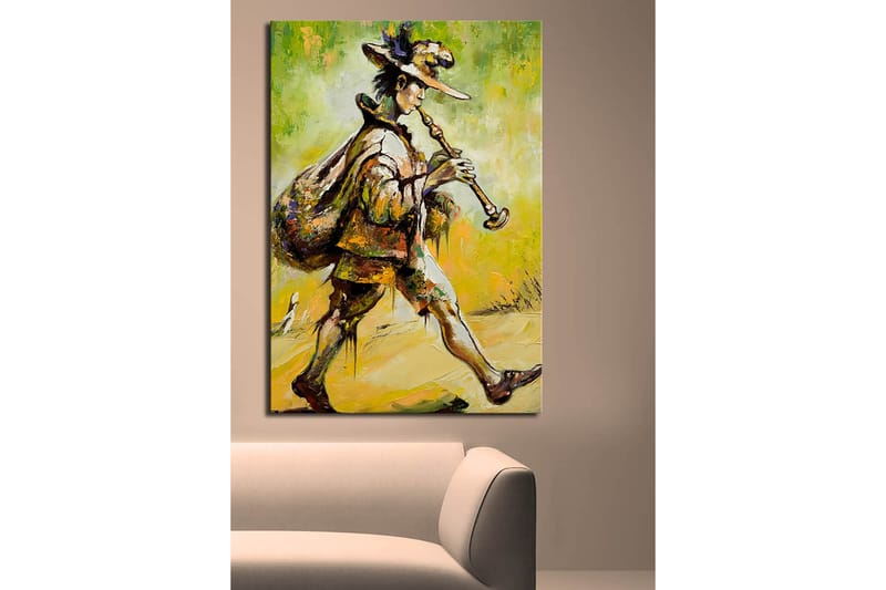 Lærred 70x100 cm - Spillemand går fremad med en sæk på ryggen og spiller på sin fløjte - Grøn / Gul / Brun - Boligtilbehør - Billeder & kunst - Billeder på lærred