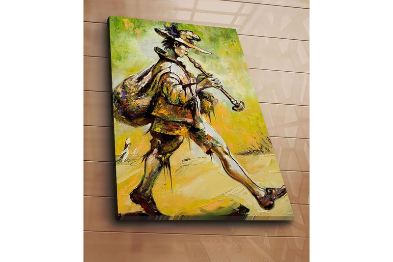 Lærred 70x100 cm - Spillemand går fremad med en sæk på ryggen og spiller på sin fløjte - Grøn / Gul / Brun - Boligtilbehør - Billeder & kunst - Billeder på lærred