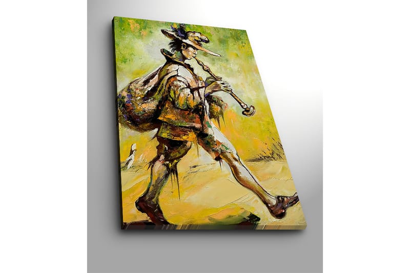 Lærred 70x100 cm - Spillemand går fremad med en sæk på ryggen og spiller på sin fløjte - Grøn / Gul / Brun - Boligtilbehør - Billeder & kunst - Billeder på lærred