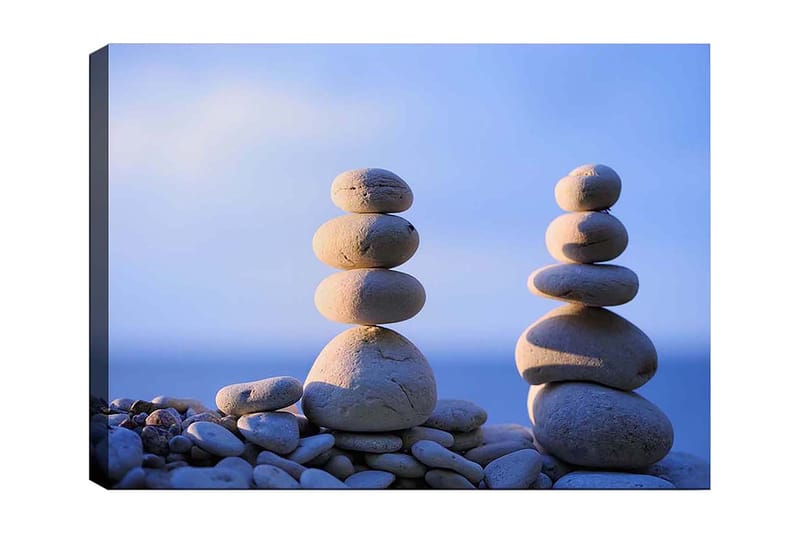 Lærred 70x100 cm - Stabile sten i harmonisk balance, Lysegrå / Beige / Blå