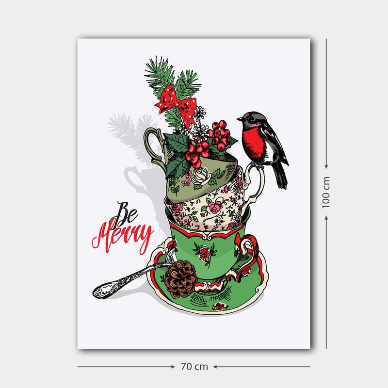 Lærred 70x100 cm - Stak af dekorerede tekopper udsmykket med juleelementer og en fugl - Grøn / Rød / Sort - Boligtilbehør - Billeder & kunst - Billeder på lærred