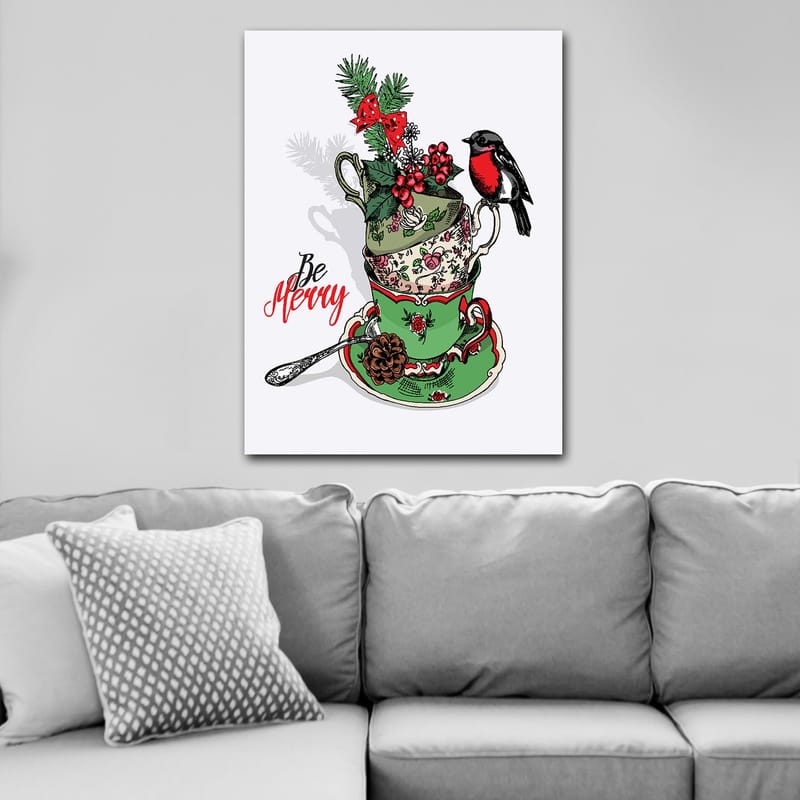 Lærred 70x100 cm - Stak af dekorerede tekopper udsmykket med juleelementer og en fugl - Grøn / Rød / Sort - Boligtilbehør - Billeder & kunst - Billeder på lærred